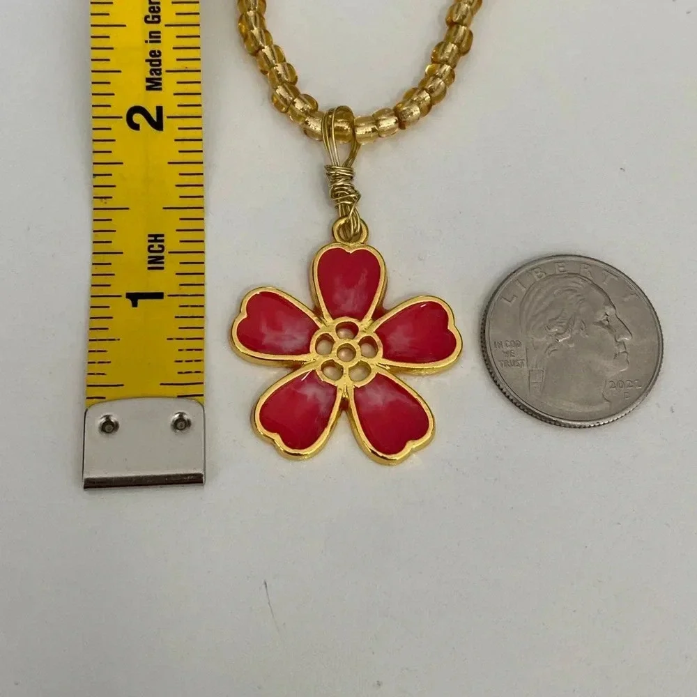 Handmade Red &  Gold Resin Flower Necklace